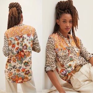 Anthropologie Pilcro Floral and Leopard Print Button Down Shirt Blouse Bohemian
